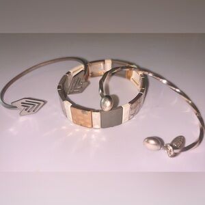 Chic Stackable Bracelet Trio: Silver Cuff Set + Mixed Metal Stretch Bracelet